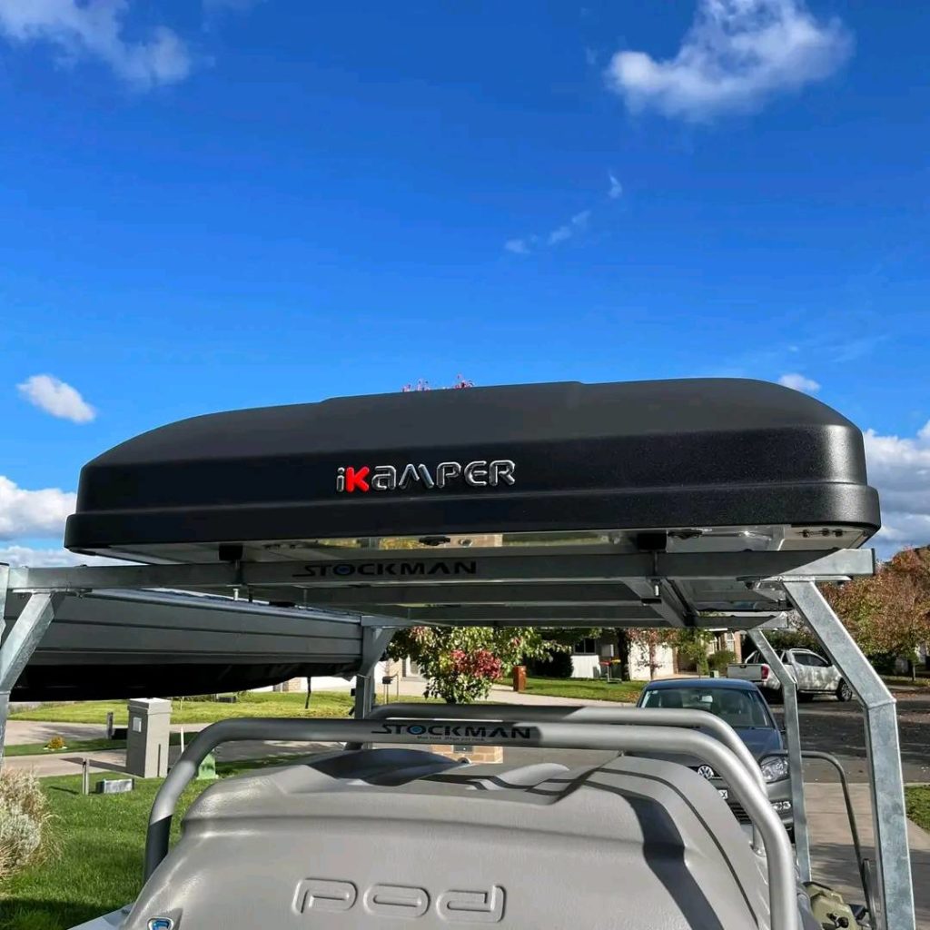 Chassis mounted kayak and RTT racks on Stockman All-Roada Pod Trailer